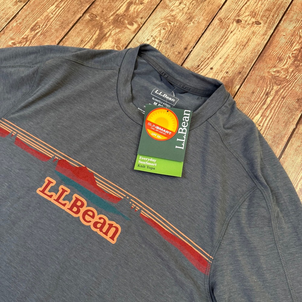 L.L. Bean Everyday SunSmart T Shirt Mens Medium Gray/Navy UPF 50 Graphic Tee NWT